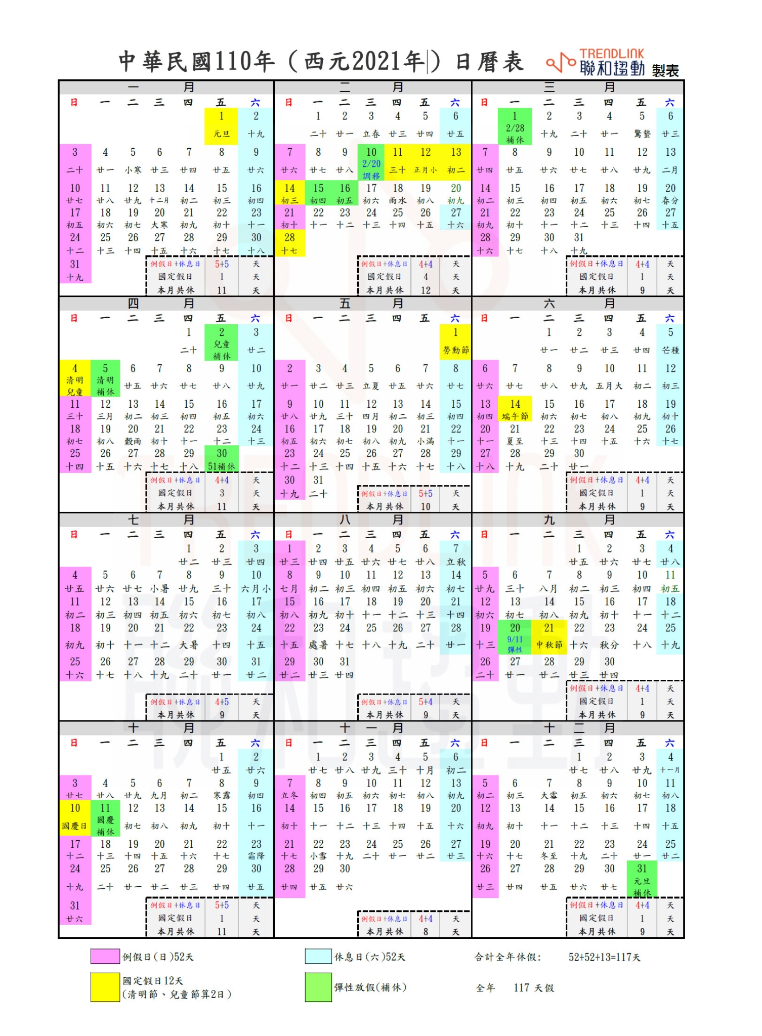 110年 2021年 企業版行事曆 聯和趨動 Trendlink 勞資顧問 企管顧問