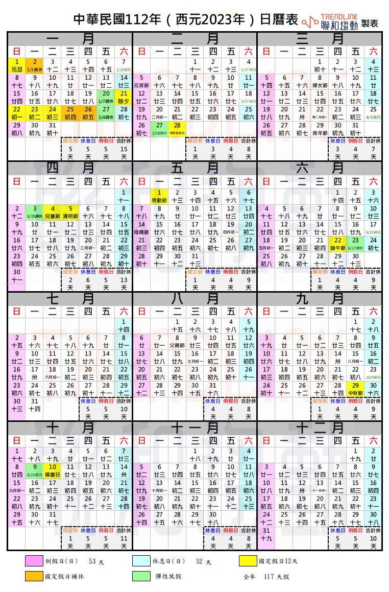 2023年 112年 年度行事曆 聯和趨動 Trendlink 勞資顧問 企管顧問